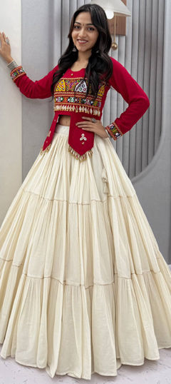 Pink and Majenta, White and Off White color Long Lehenga Choli in Cotton fabric with Embroidered, Mirror work