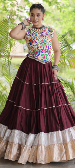Beige and Brown color Long Lehenga Choli in Rayon fabric with Embroidered, Lace work