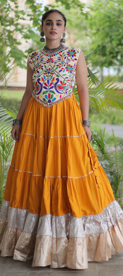 Yellow color Long Lehenga Choli in Rayon fabric with Embroidered, Lace work