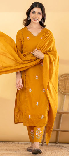 Beige and Brown color Salwar Kameez in Mul Cotton fabric with Embroidered, Lace work