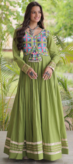 Green color Gown in Cotton fabric with Embroidered, Gota Patti, Lace, Mirror, Thread work