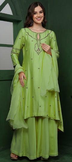 Green color Salwar Kameez in Blended fabric with Cut Dana, Embroidered, Sequence work