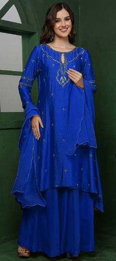Blue color Salwar Kameez in Blended fabric with Cut Dana, Embroidered, Sequence work