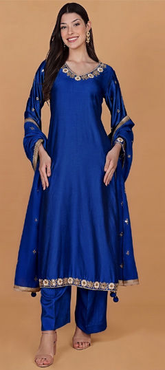 Blue color Salwar Kameez in Silk fabric with Cut Dana, Embroidered, Mirror, Moti work