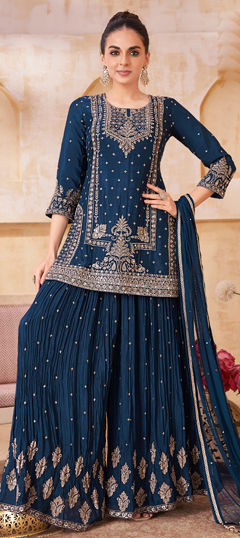 Blue color Salwar Kameez in Georgette fabric with Embroidered, Mirror, Sequence work