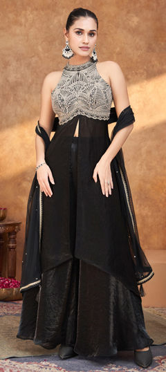 Black and Grey color Salwar Kameez in Georgette fabric with Embroidered, Mirror, Moti work