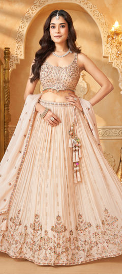 Beige and Brown color Ready to Wear Lehenga in Chiffon fabric with Bugle Beads, Embroidered, Sequence work
