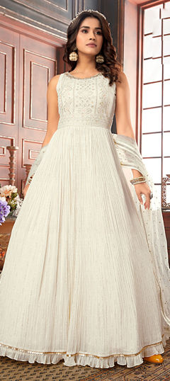 White and Off White color Salwar Kameez in Georgette fabric with Bugle Beads, Embroidered, Sequence work
