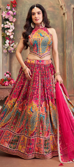 Pink and Majenta color Ready to Wear Lehenga in Raw Silk fabric with Printed, Thread, Zari work
