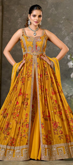 Yellow color Salwar Kameez in Chiffon fabric with Embroidered, Floral, Printed, Sequence work