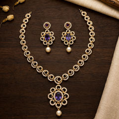 Gold Rodium Polish Purple and Violet color Necklace in Metal Alloy studded with Austrian diamond