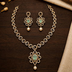 Gold Rodium Polish Blue color Necklace in Metal Alloy studded with Austrian diamond