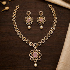 Gold Rodium Polish Pink and Majenta color Necklace in Metal Alloy studded with Austrian diamond