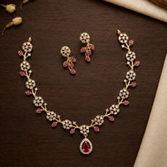Gold Rodium Polish Pink and Majenta color Necklace in Metal Alloy studded with Austrian diamond