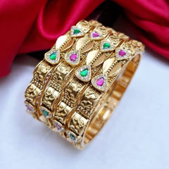 Gold Rodium Polish Green, Pink and Majenta color Bangles in Metal Alloy studded with CZ Diamond