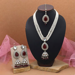 Gold Rodium Polish Red and Maroon color Necklace in Metal Alloy studded with CZ Diamond, Pearl