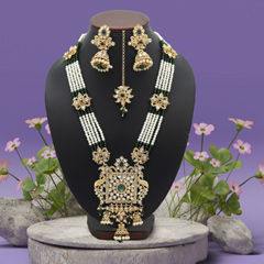 Gold Rodium Polish Green, White and Off White color Necklace in Metal Alloy studded with CZ Diamond, Pearl
