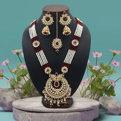 Gold Rodium Polish Red and Maroon, White and Off White color Necklace in Metal Alloy studded with CZ Diamond, Pearl