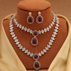 Gold Rodium Polish Red and Maroon color Necklace in Metal Alloy studded with CZ Diamond