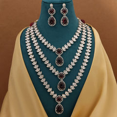 Gold Rodium Polish Red and Maroon color Necklace in Metal Alloy studded with CZ Diamond