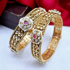 Gold Rodium Polish Pink and Majenta color Bangles in Metal Alloy studded with CZ Diamond