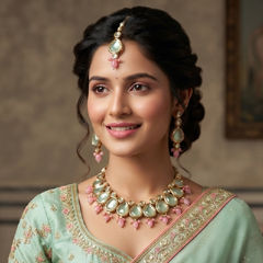 Gold Rodium Polish Green, Pink and Majenta color Necklace in Metal Alloy studded with Kundan