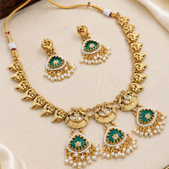 Gold Rodium Polish Green, White and Off White color Necklace in Copper studded with Kundan, Pearl