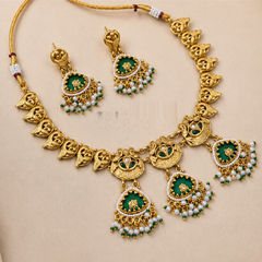 Gold Rodium Polish Green, White and Off White color Necklace in Copper studded with Kundan, Pearl