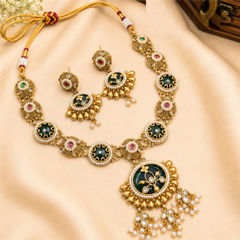 Gold Rodium Polish Green, White and Off White color Necklace in Copper studded with Kundan, Pearl