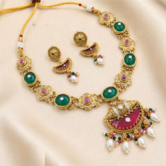 Gold Rodium Polish Multicolor color Necklace in Copper studded with Kundan, Pearl