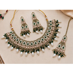 Gold Rodium Polish Green color Necklace in Metal Alloy studded with CZ Diamond, Pearl