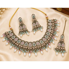 Gold Rodium Polish Green, Pink and Majenta color Necklace in Metal Alloy studded with CZ Diamond, Pearl