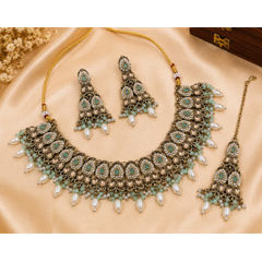 Gold Rodium Polish Green color Necklace in Metal Alloy studded with CZ Diamond, Pearl