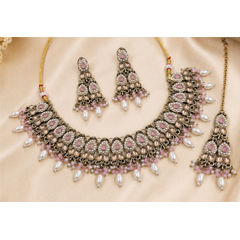 Gold Rodium Polish Pink and Majenta color Necklace in Metal Alloy studded with CZ Diamond, Pearl