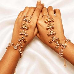 Gold Rodium Polish White and Off White color Haath Paan in Brass studded with Pearl
