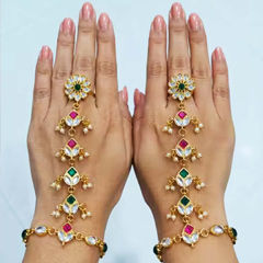 Gold Rodium Polish Multicolor color Haath Paan in Brass studded with CZ Diamond, Pearl