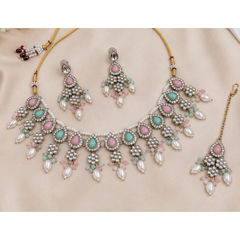 Gold Rodium Polish Multicolor color Necklace in Metal Alloy studded with CZ Diamond, Pearl