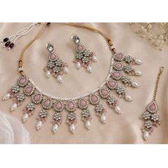 Gold Rodium Polish Pink and Majenta color Necklace in Metal Alloy studded with CZ Diamond, Pearl