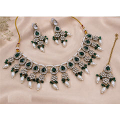 Gold Rodium Polish Green color Necklace in Metal Alloy studded with CZ Diamond, Pearl