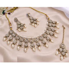 Gold Rodium Polish Beige and Brown color Necklace in Metal Alloy studded with CZ Diamond, Pearl