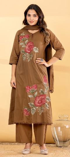 Beige and Brown color Salwar Kameez in Mul Cotton fabric with Embroidered work