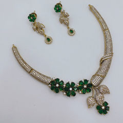 Gold Rodium Polish Green color Necklace in Copper studded with CZ Diamond