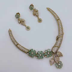 Gold Rodium Polish Green color Necklace in Copper studded with CZ Diamond