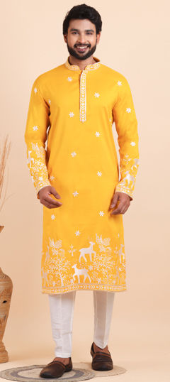 Yellow color Kurta Pyjamas in Viscose fabric with Embroidered work