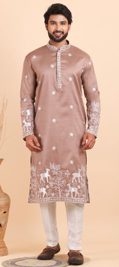 Gold color Kurta Pyjamas in Viscose fabric with Embroidered work