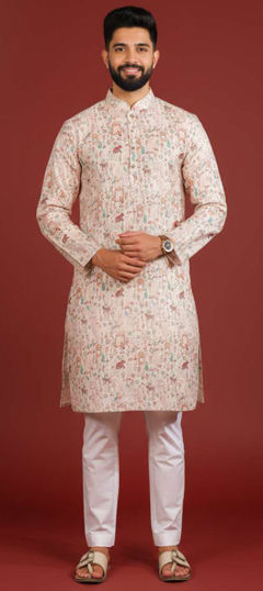 Beige and Brown color Kurta Pyjamas in Cotton fabric with Digital Print, Weaving work