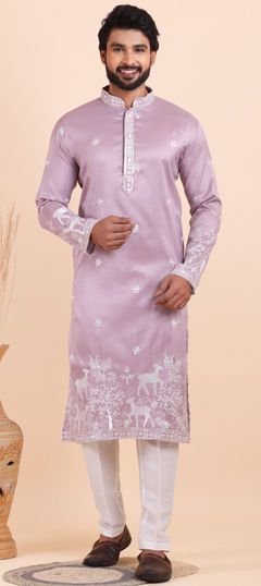 Purple and Violet color Kurta Pyjamas in Viscose fabric with Embroidered work