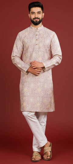 Purple and Violet color Kurta Pyjamas in Art Silk fabric with Digital Print, Weaving work