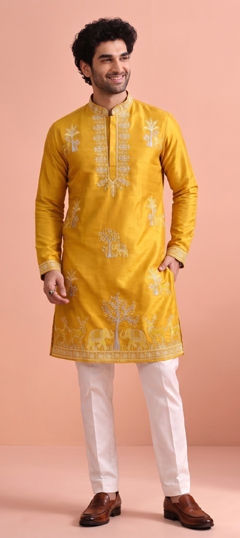 Yellow color Kurta Pyjamas in Satin Silk fabric with Embroidered work