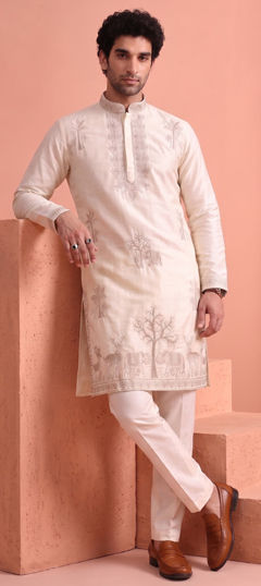 White and Off White color Kurta Pyjamas in Satin Silk fabric with Embroidered work